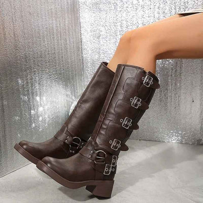 bottines biker à boucles femme, coloris marron chocolat, vue de côté