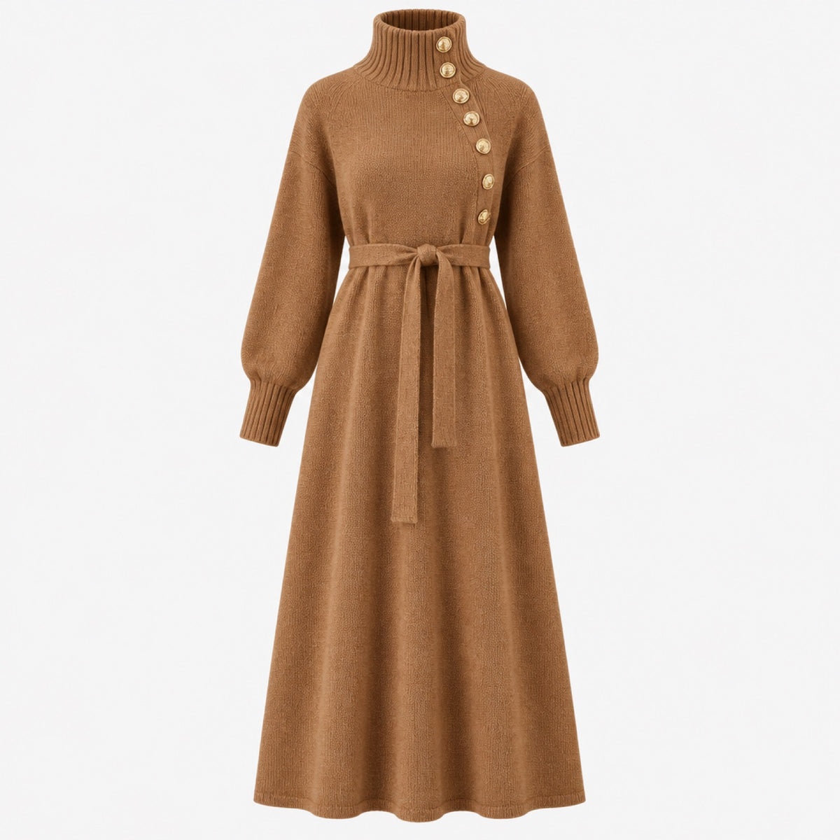 Robe pull col roulé longue boutonnée camel, packshot studio fond clair