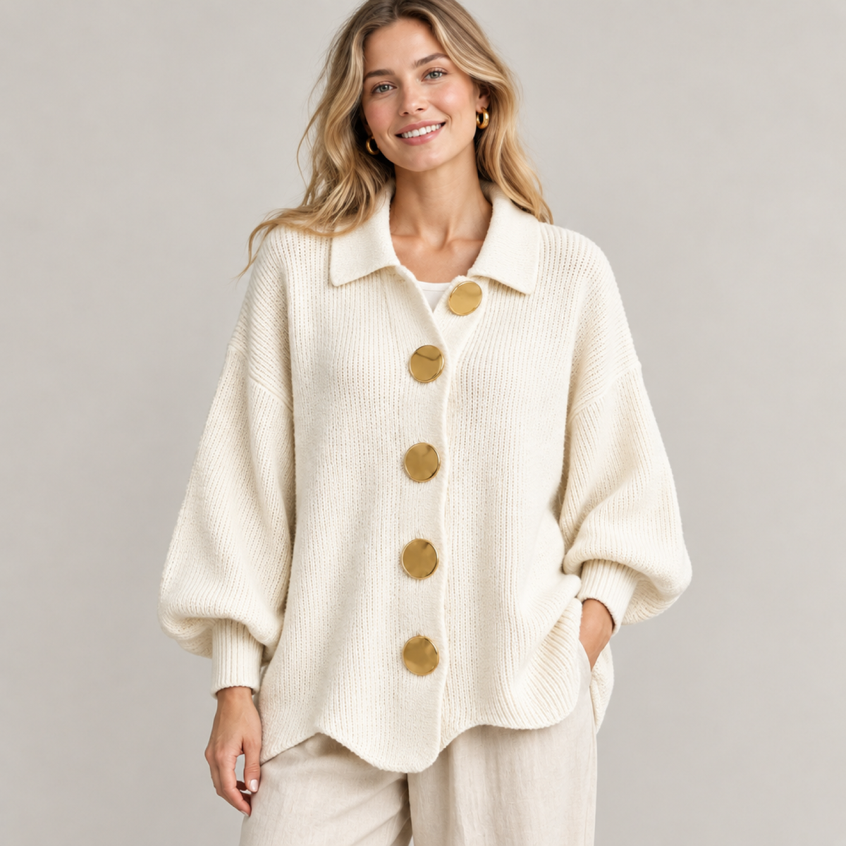 Femme portant le cardigan oversized crème en maille, col boutonné doré