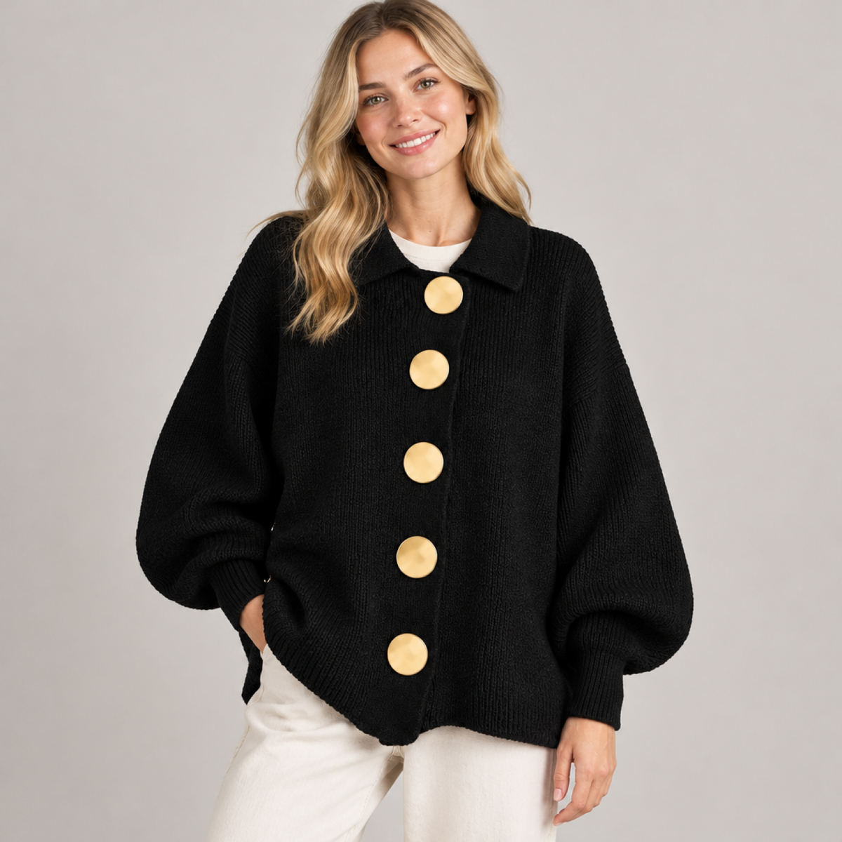 Femme portant le cardigan oversized noir en maille, col boutonné doré