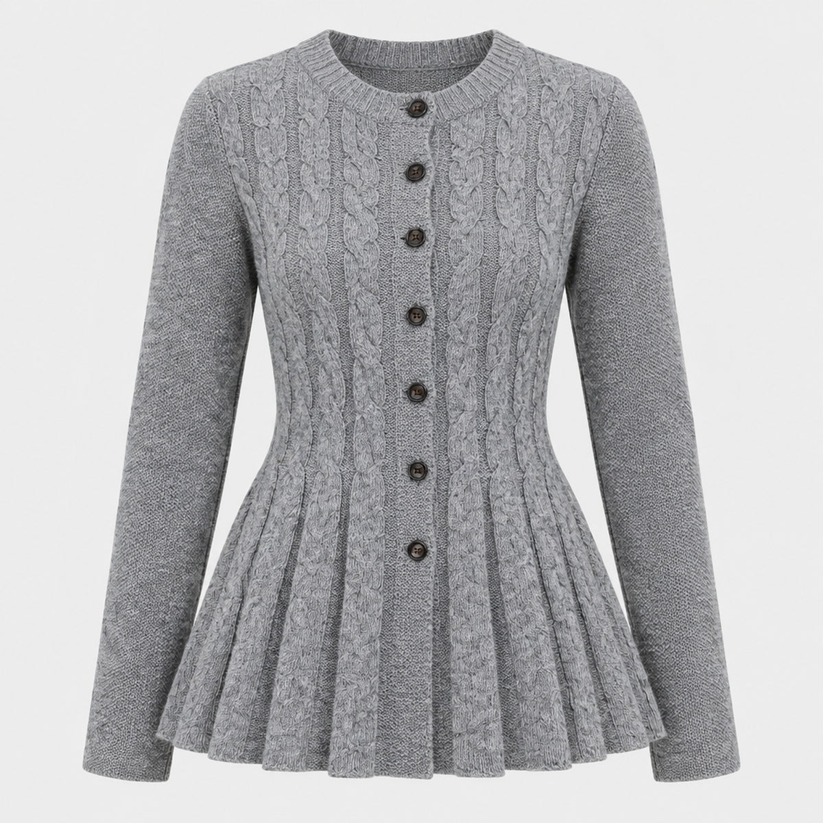 Cardigan féminin à peplum ajusté, détail du peplum gris en studio