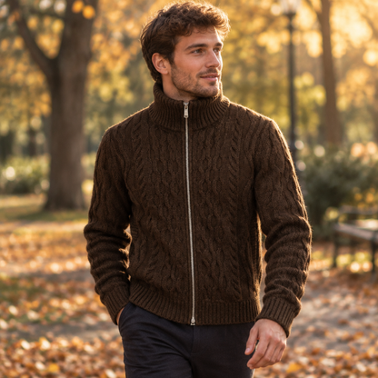 Homme portant le cardigan marron foncé zippé en maille torsadée lors d'une promenade d'automne en extérieur