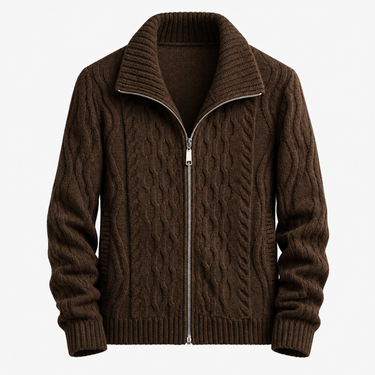 Cardigan homme marron foncé zippé en maille torsadée, vue studio de face