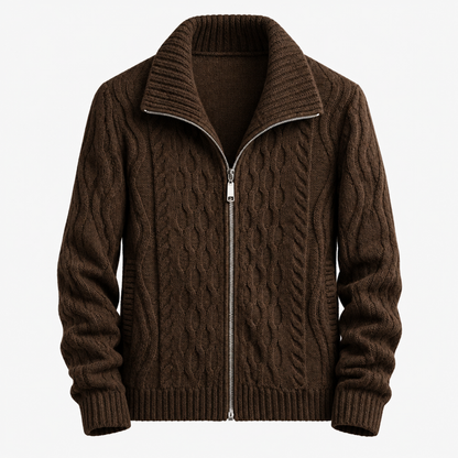 Cardigan homme marron foncé zippé en maille torsadée, vue studio de face