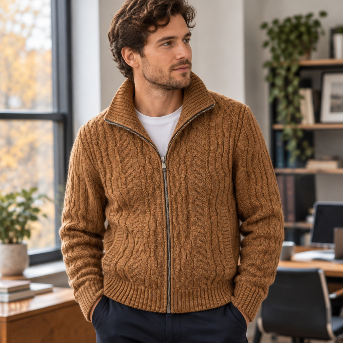 Homme portant le cardigan marron zippé en maille torsadée dans un bureau cosy en automne
