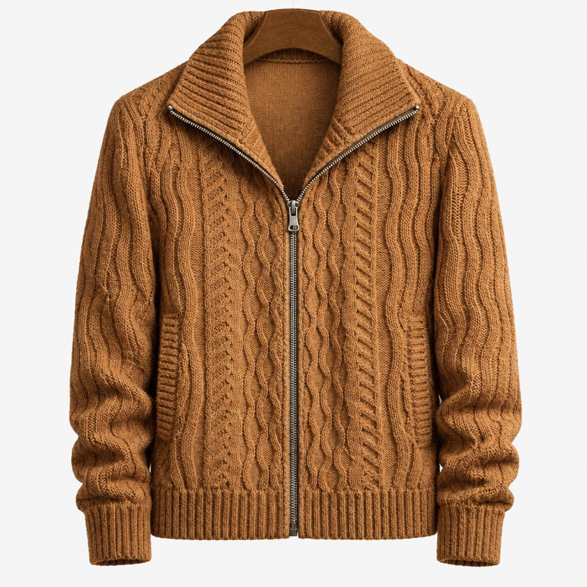 Cardigan homme marron zippé en maille torsadée, vue studio de face