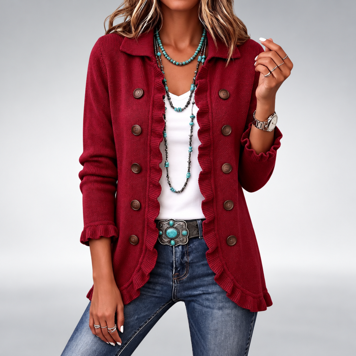 Cardigan boutonné à volants femme en coloris rouge, porté de face