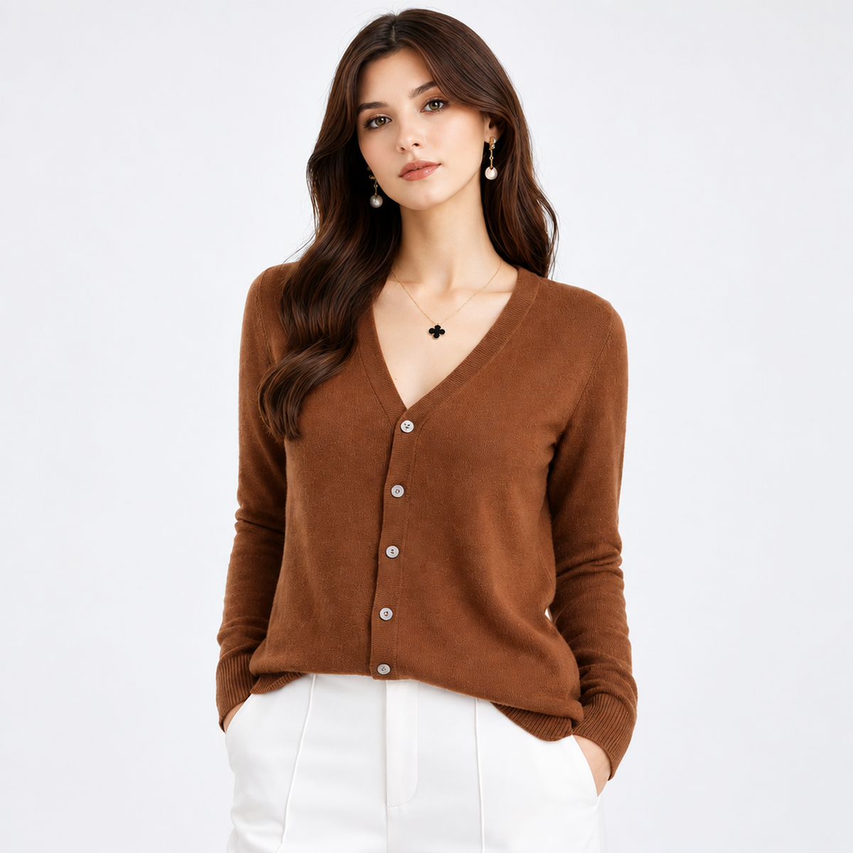 Cardigan femme en cachemire brun, vue studio
