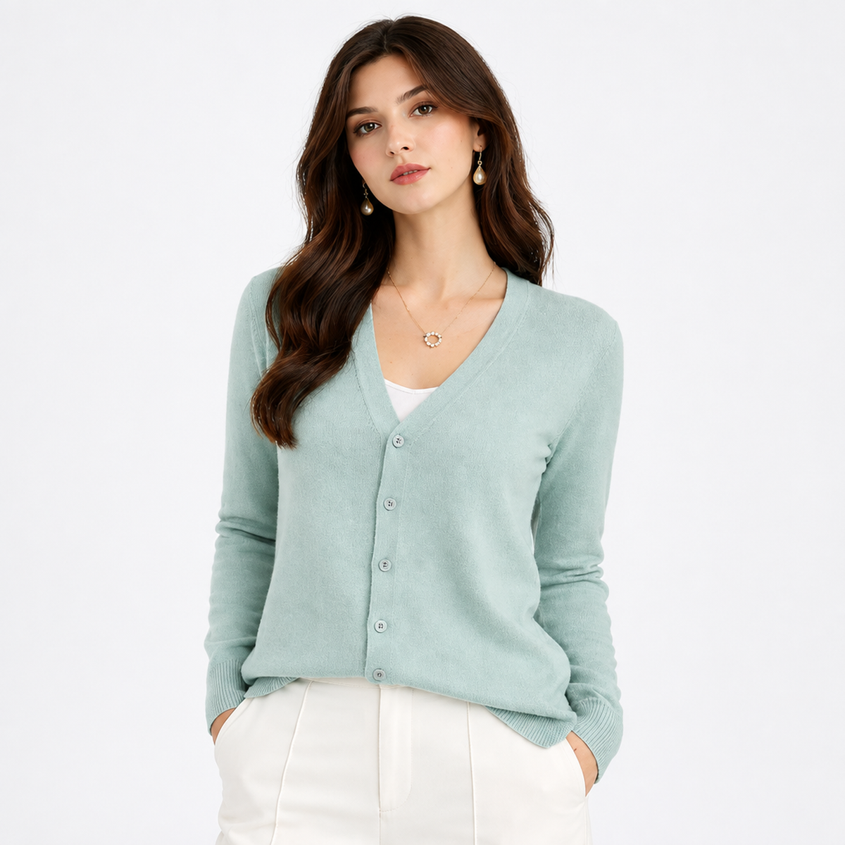 Cardigan femme en cachemire couleur Haricots Verts, vue studio