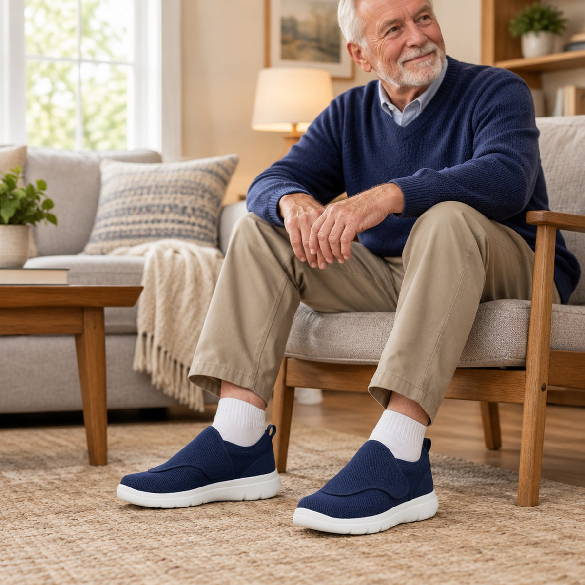 Homme senior assis dans un salon portant les chaussures orthopédiques bleues à scratch Martaline