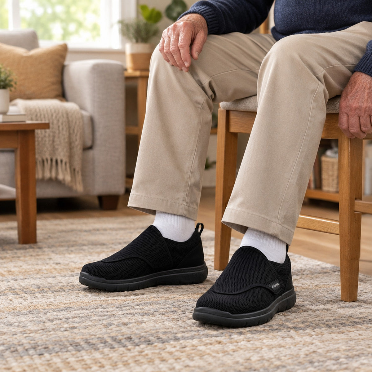 Homme senior assis dans un salon portant les chaussures orthopédiques noires à scratch Martaline