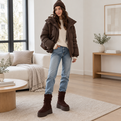 Bottines plateforme fourrées femme coloris chocolat portées en intérieur