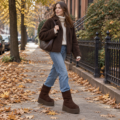 Bottines plateforme fourrées femme coloris chocolat portées en extérieur