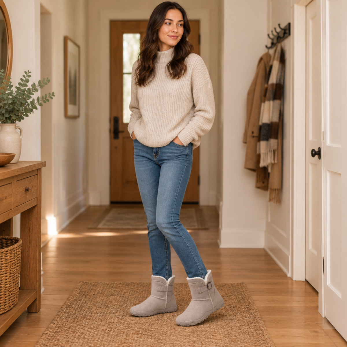 Bottines barefoot imperméables femme, coloris marron clair, portées en intérieur