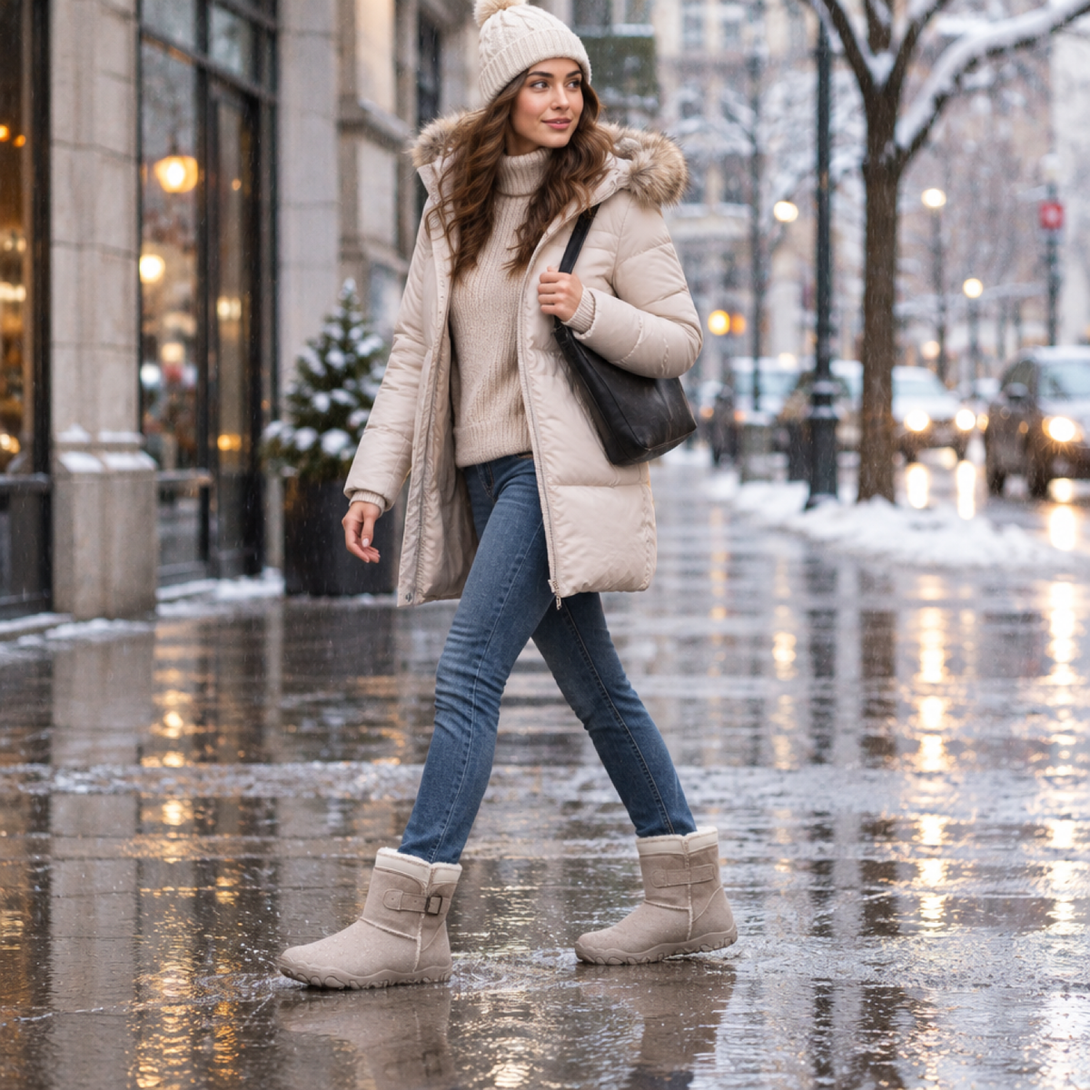 Bottines barefoot imperméables femme, coloris marron clair, portées en extérieur sous la pluie