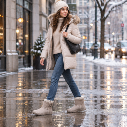 Bottines barefoot imperméables femme, coloris marron clair, portées en extérieur sous la pluie