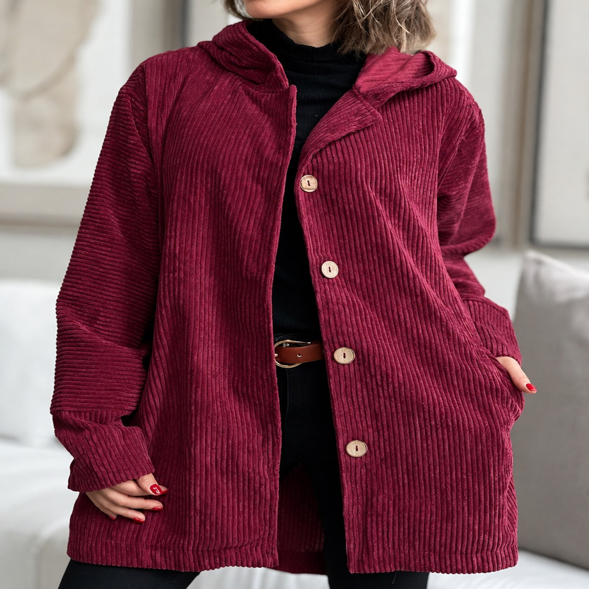Manteau femme rouge à capuche et boutons, vue devant portée par une mannequin