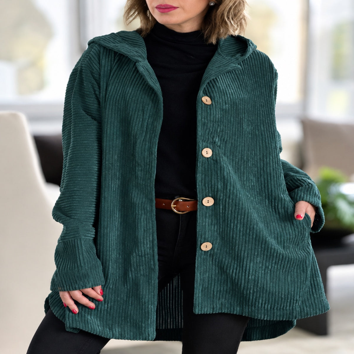 Manteau femme vert foncé à capuche et boutons, vue devant portée par une mannequin