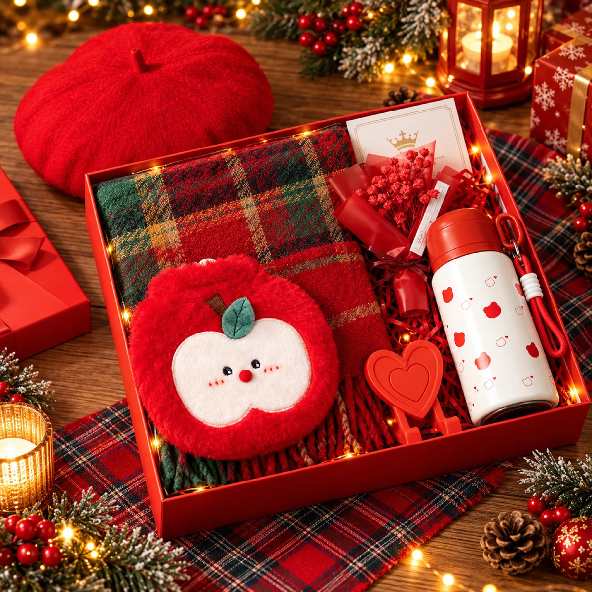 Coffret cadeau hiver rouge ouvert avec béret, écharpe tartan, pochette chauffe-main pomme, gourde, fleurs séchées et carte de vœux, vue d'ensemble