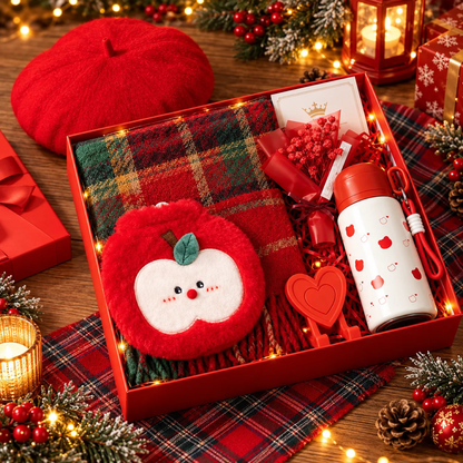 Coffret cadeau hiver rouge ouvert avec béret, écharpe tartan, pochette chauffe-main pomme, gourde, fleurs séchées et carte de vœux, vue d'ensemble