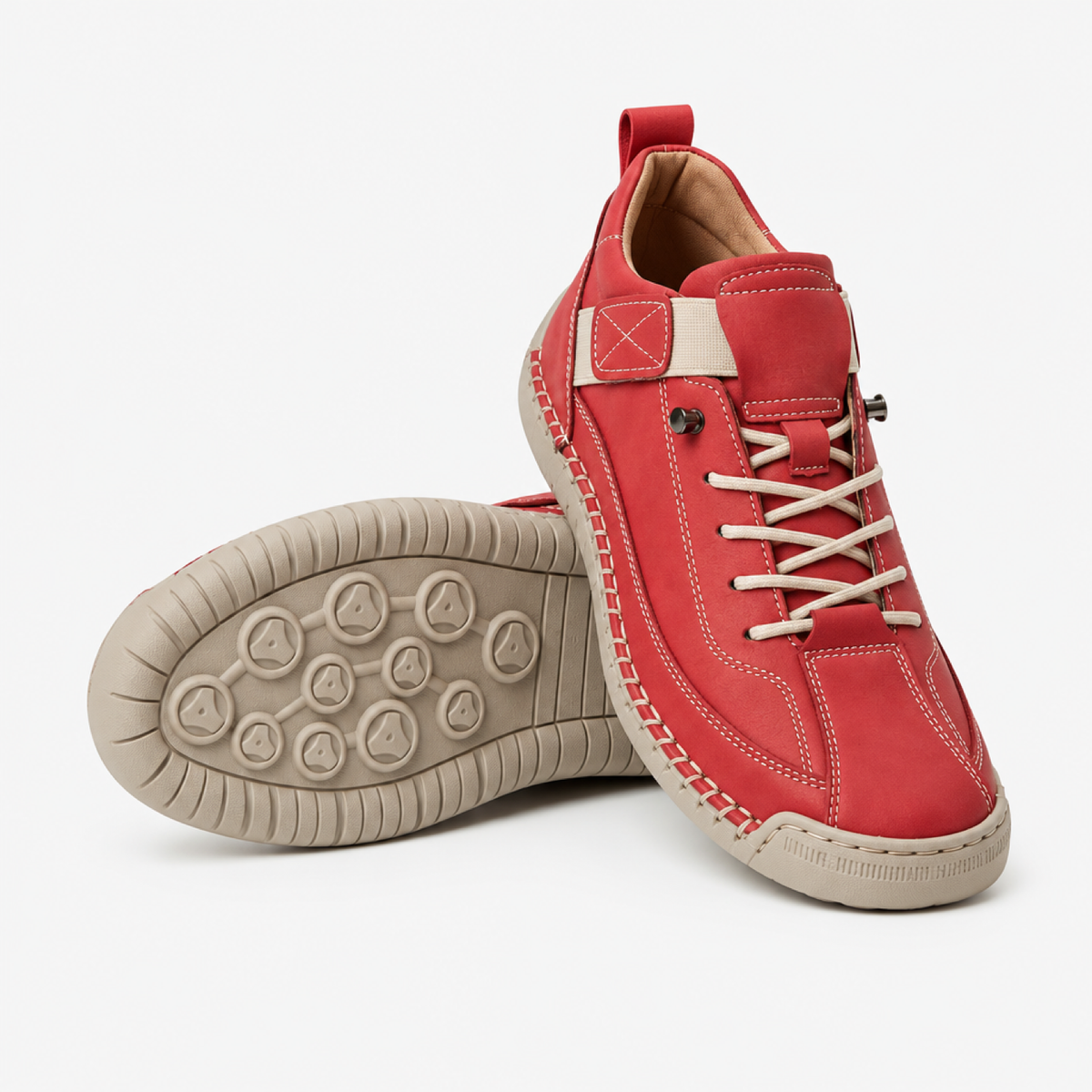 Basket orthopédique femme à lacets, coloris rouge, semelle amortissante - vue studio