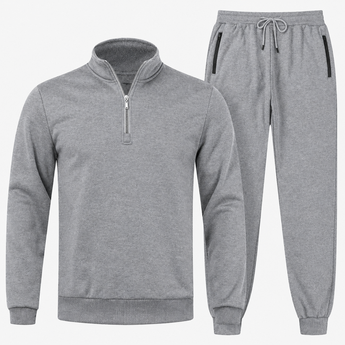 Ensemble de jogging homme gris, sweat zippé et pantalon, vue de face