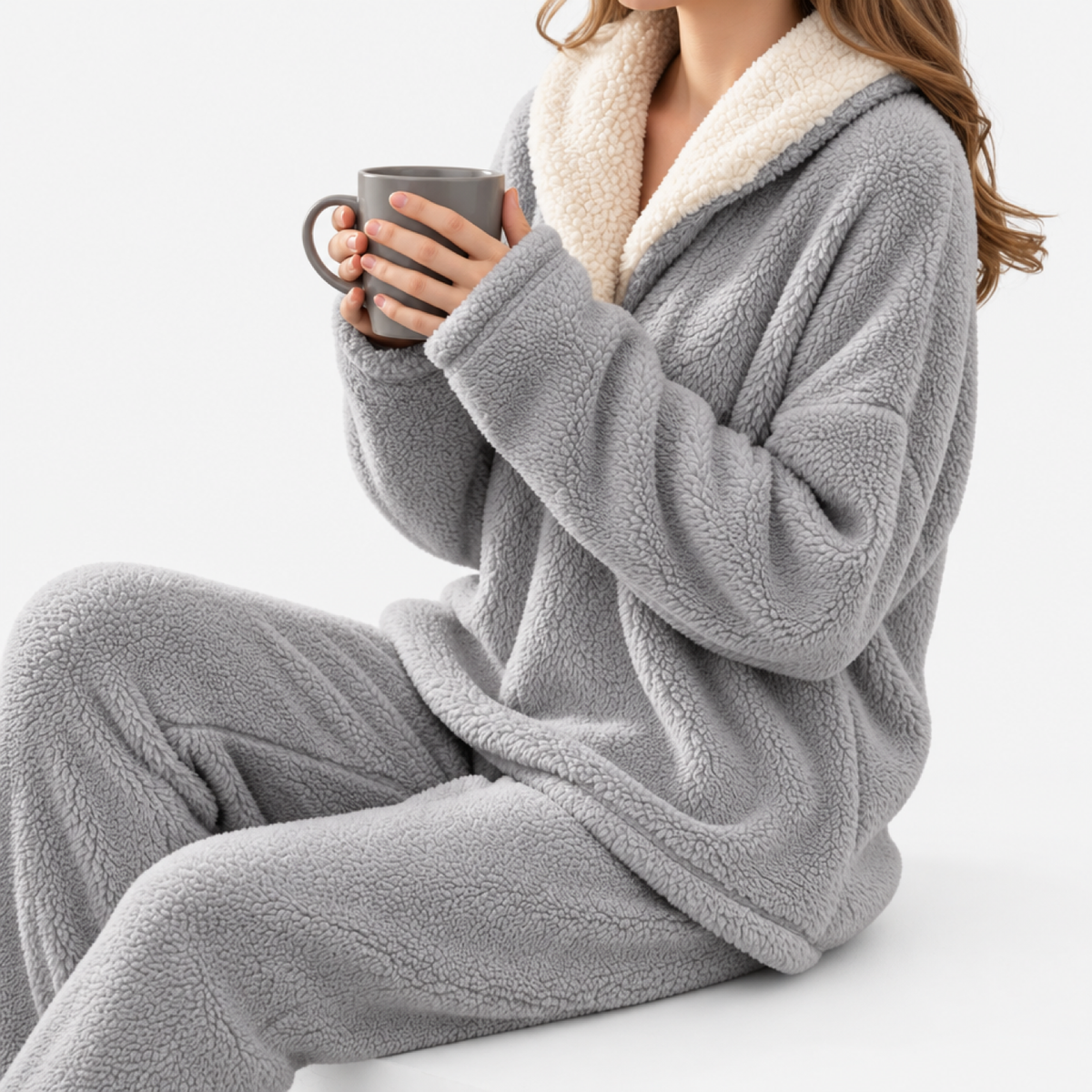Ensemble polaire femme gris, haut à capuche et pantalon, vue studio portée avec tasse