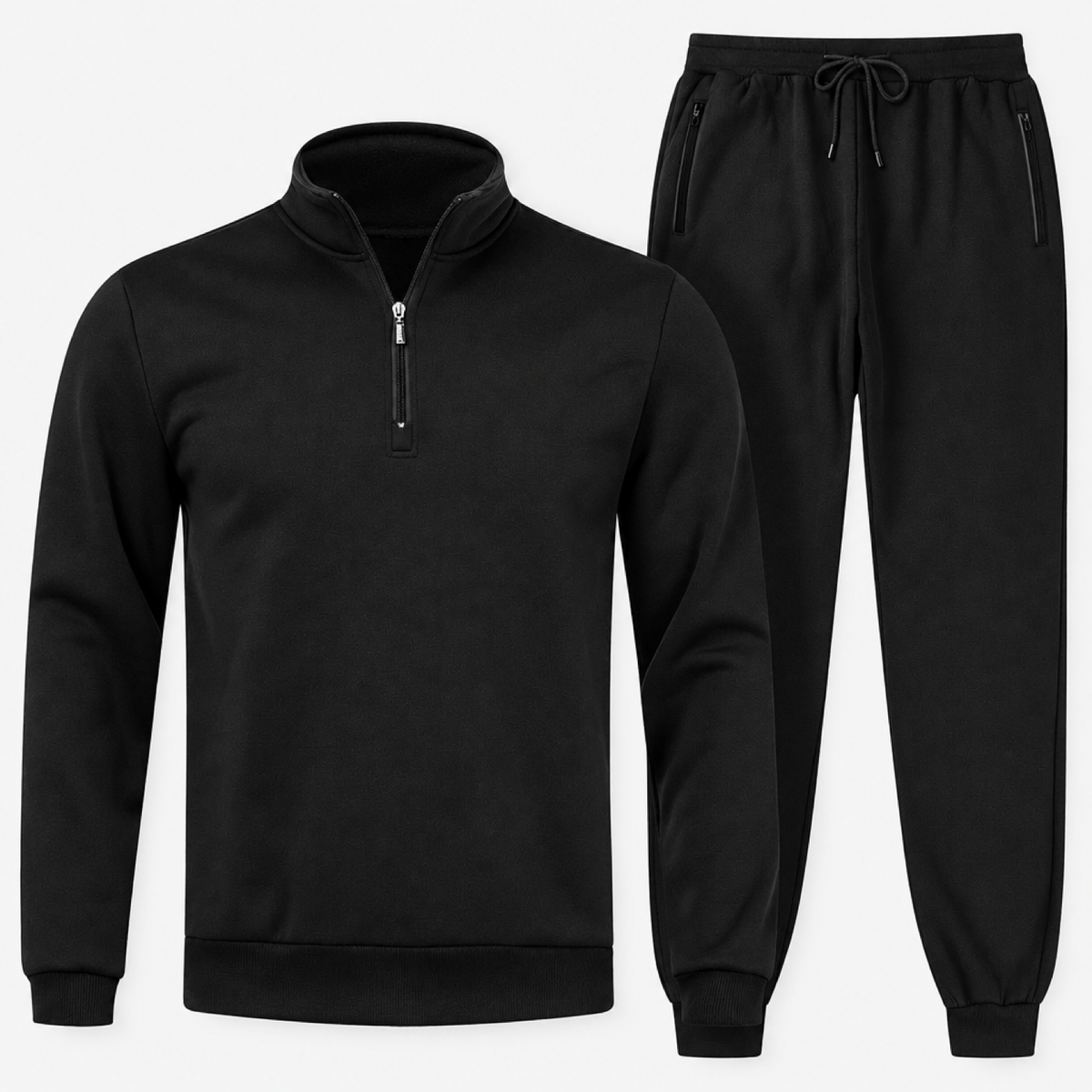 Ensemble de jogging homme noir, sweat zippé et pantalon, vue de face