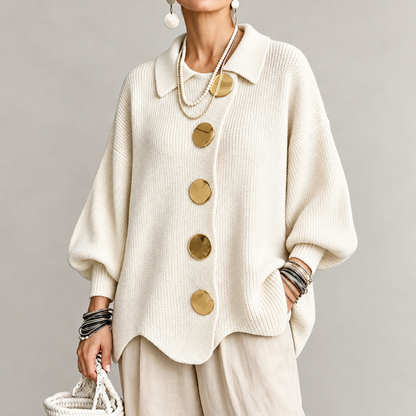 Cardigan oversized femme en maille, coloris crème, col boutonné doré