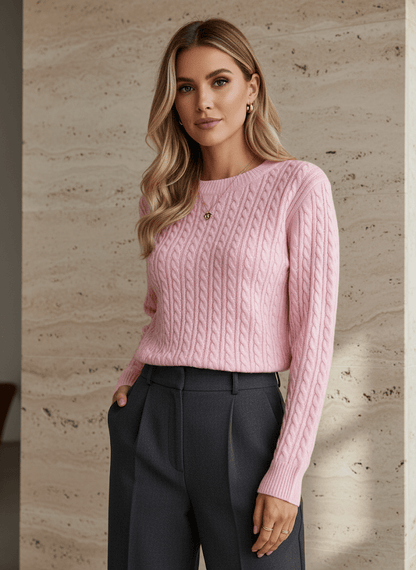 pull en maille femme, coloris rose et blanc