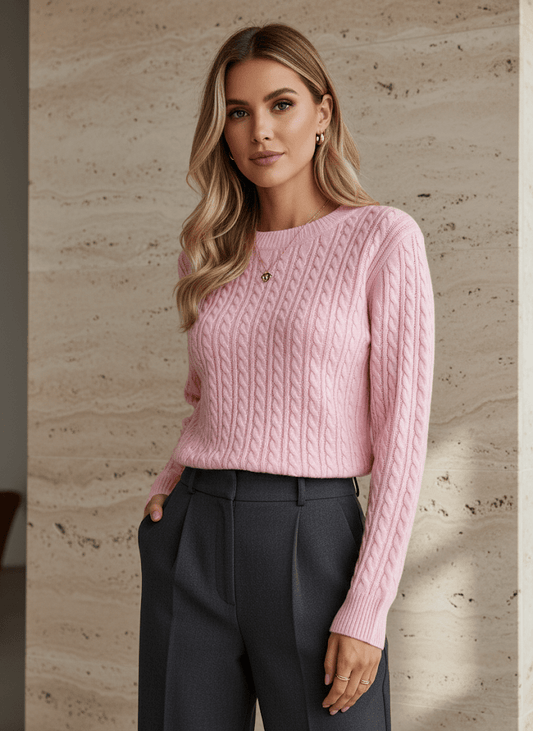 pull en maille femme, coloris rose et blanc