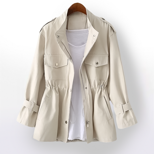 veste élégante femme beige, vue de face