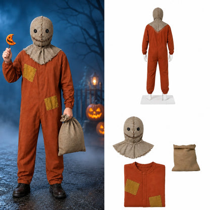 Pièces du déguisement épouvantail : masque, combinaison et sac en toile de jute
