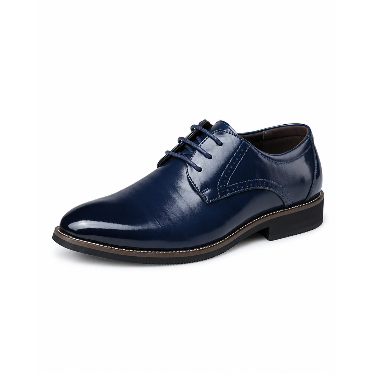 Chaussure derby homme bleu marine à lacets, vue de profil, cuir lisse brillant