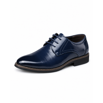 Chaussure derby homme bleu marine à lacets, vue de profil, cuir lisse brillant
