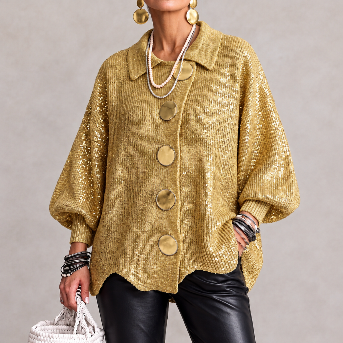 Cardigan oversized femme en maille, coloris doré, col boutonné assorti