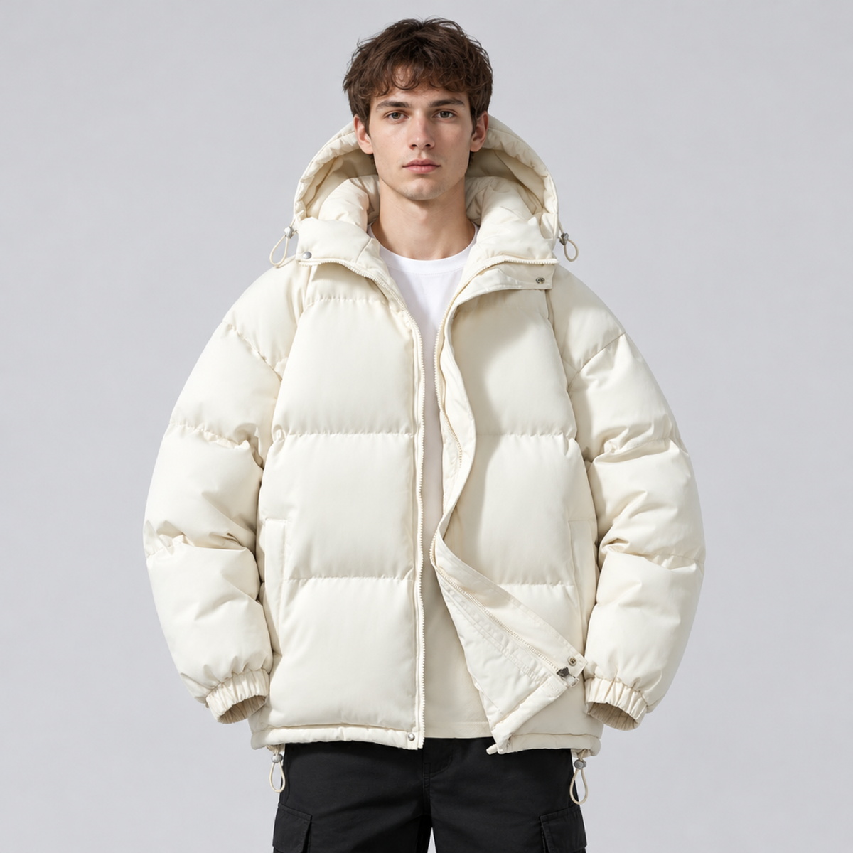 doudoune homme beige matelassée à capuche, vue devant