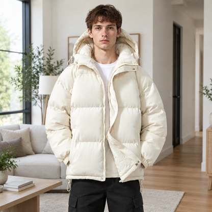 doudoune homme beige, portée par un modèle en intérieur