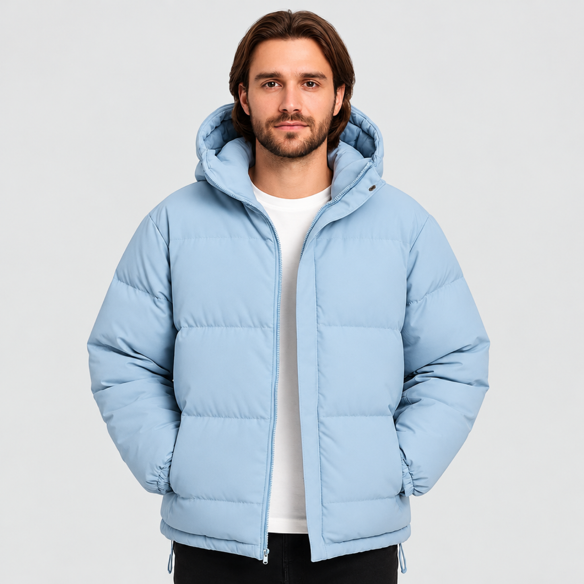 doudoune homme bleu clair matelassée à capuche, vue devant