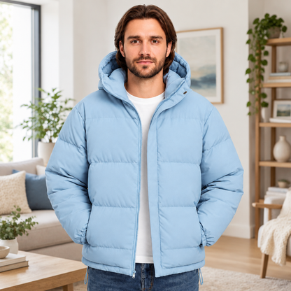doudoune homme bleu clair, portée par un modèle en intérieur