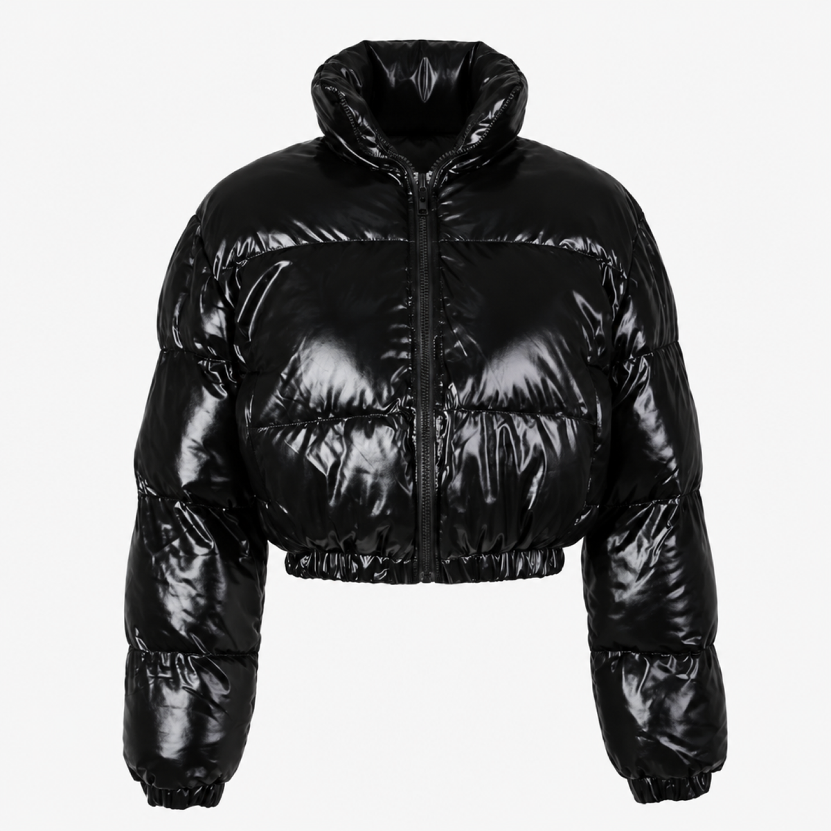 Doudoune courte brillante noire pour femme, crop top col monté rembourré, vue studio