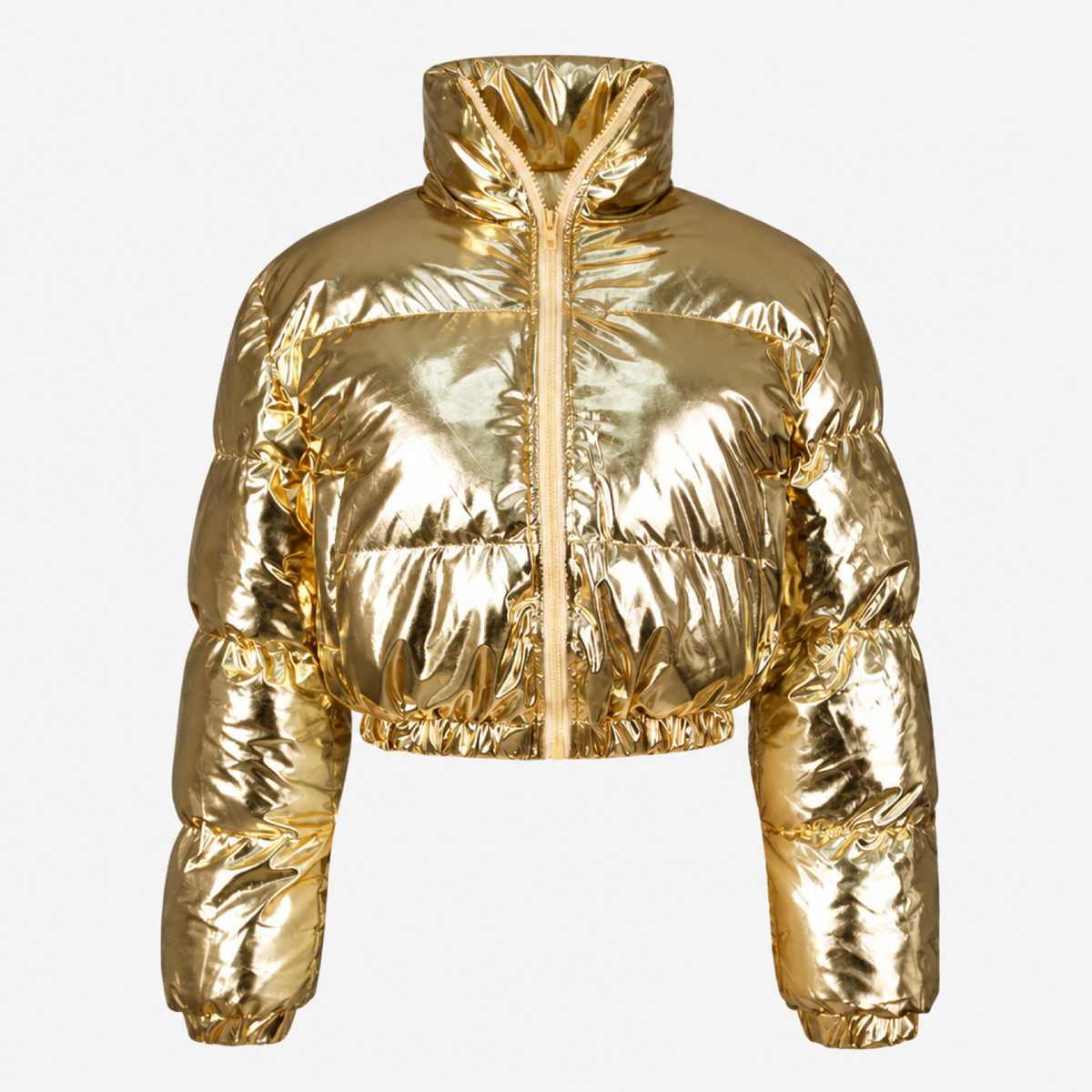 Doudoune courte brillante dorée pour femme, crop top col monté rembourré, vue studio