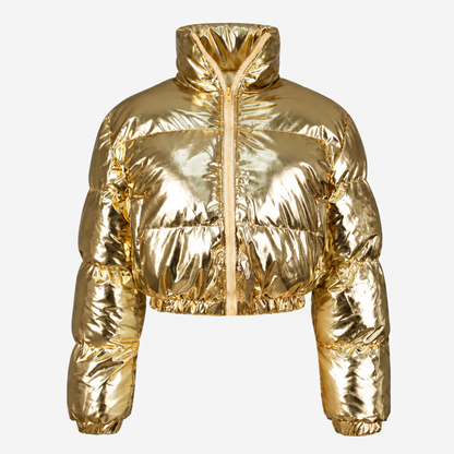 Doudoune courte brillante dorée pour femme, crop top col monté rembourré, vue studio