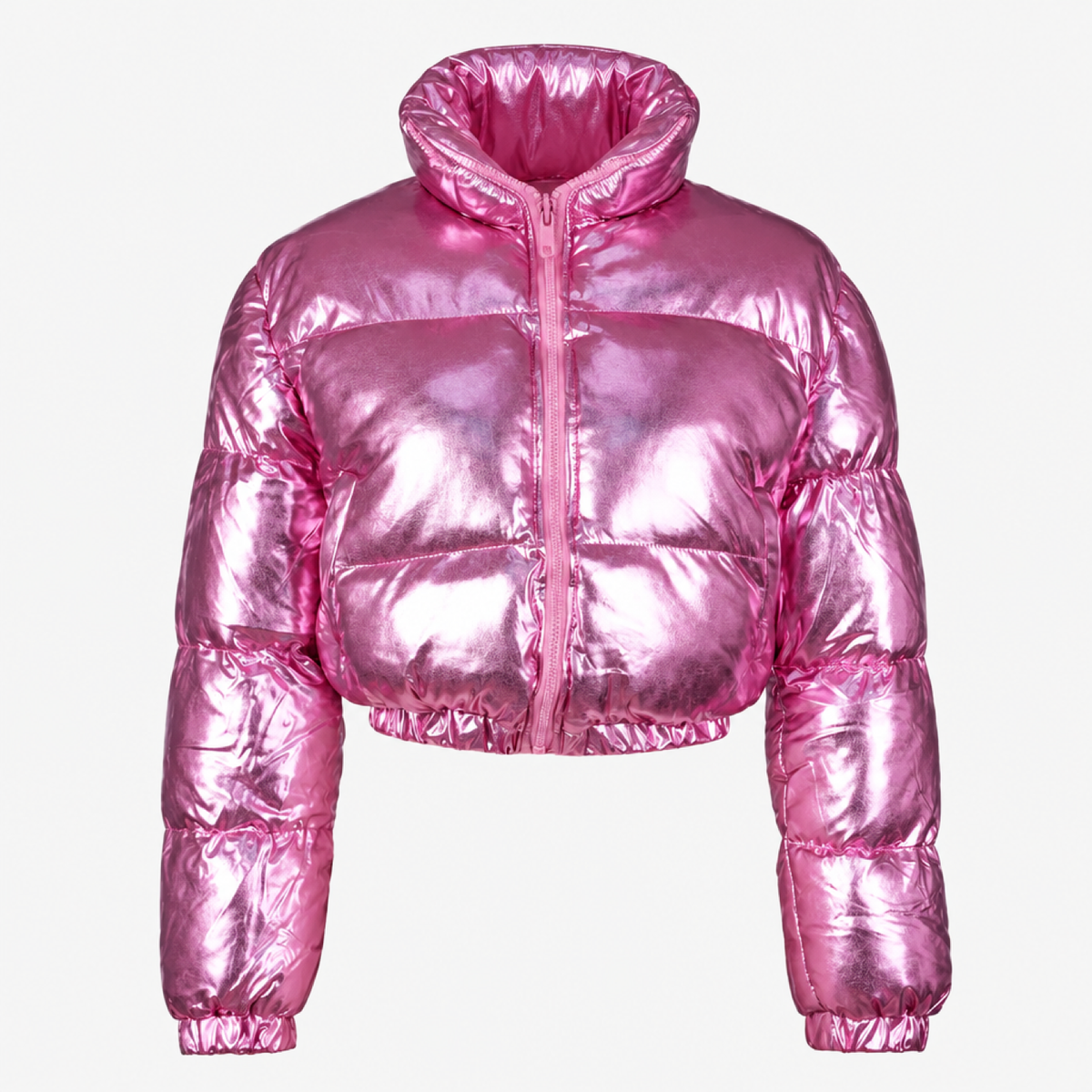 Doudoune courte brillante rose pour femme, crop top col monté rembourré, vue studio
