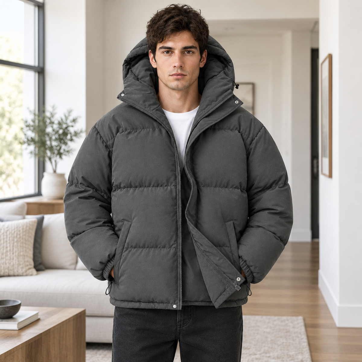 doudoune homme gris foncé, portée par un modèle en intérieur