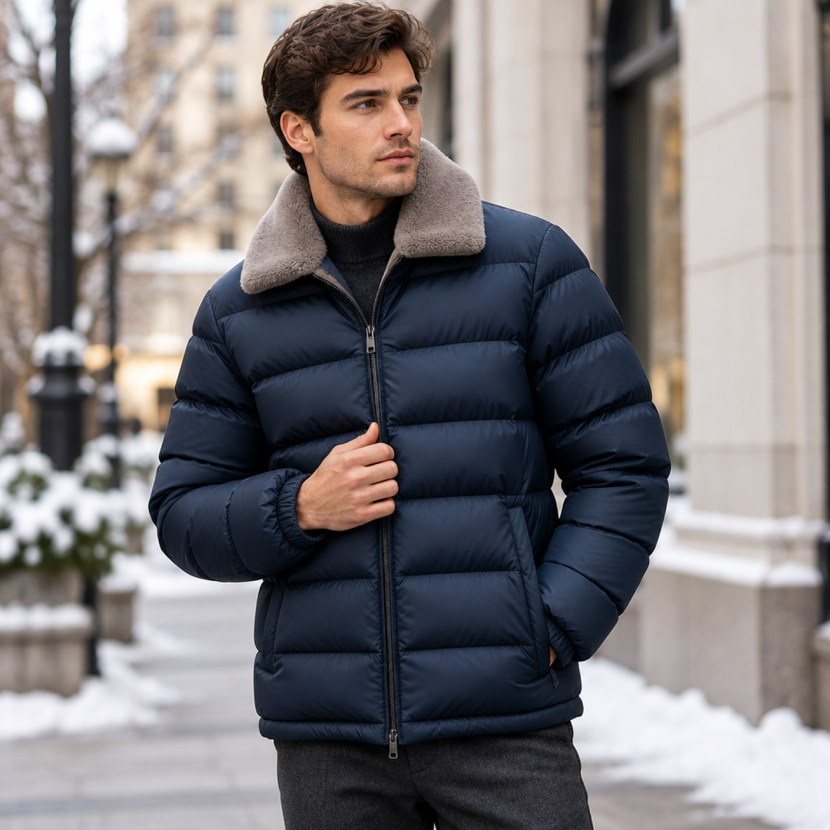 Doudoune homme bleu marine à col en fausse fourrure, portée par un modèle en extérieur