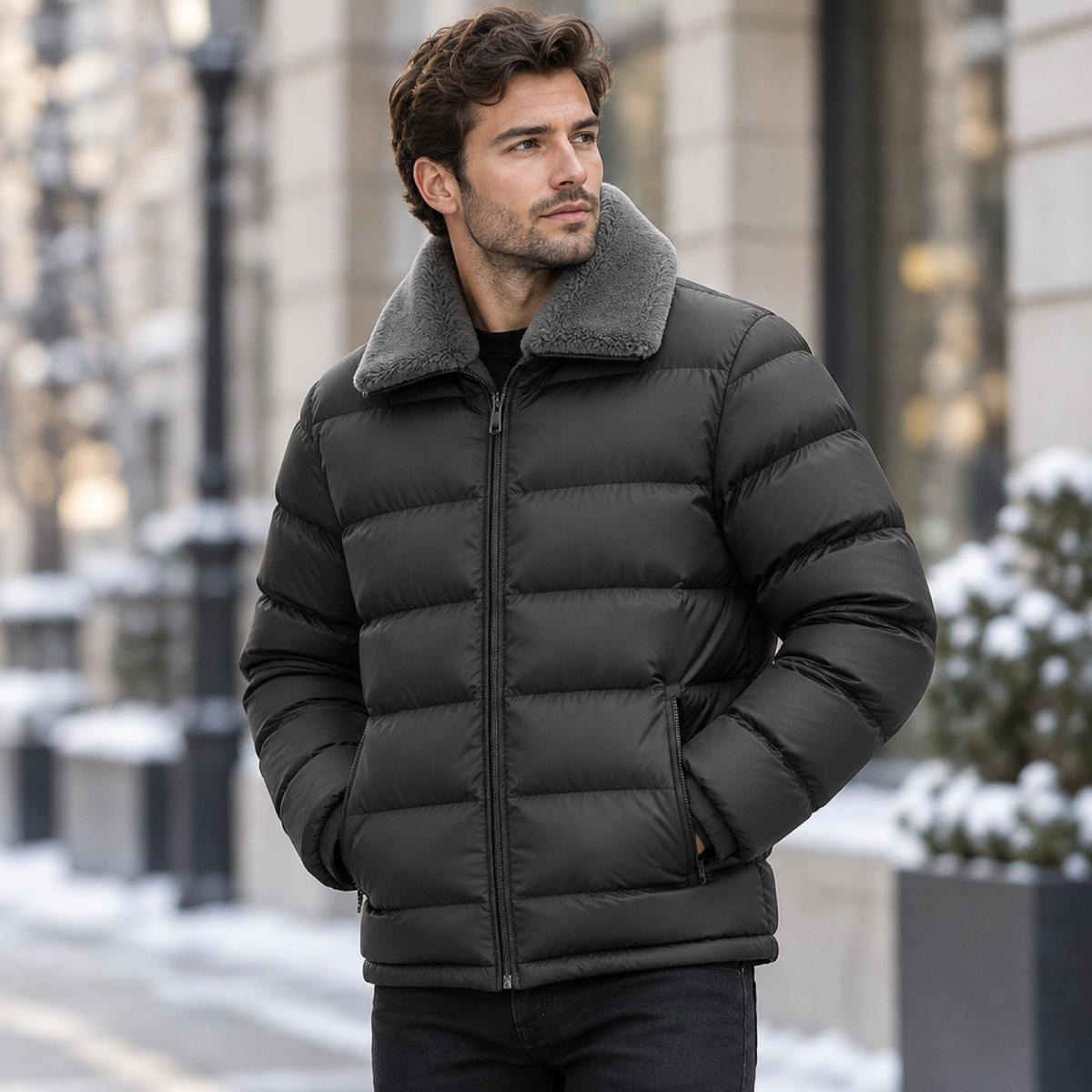 Doudoune homme noire à col en fausse fourrure, portée par un modèle en extérieur