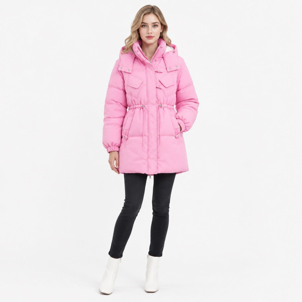 Femme portant la doudoune longue rose, vue de face avec cordon de serrage à la taille
