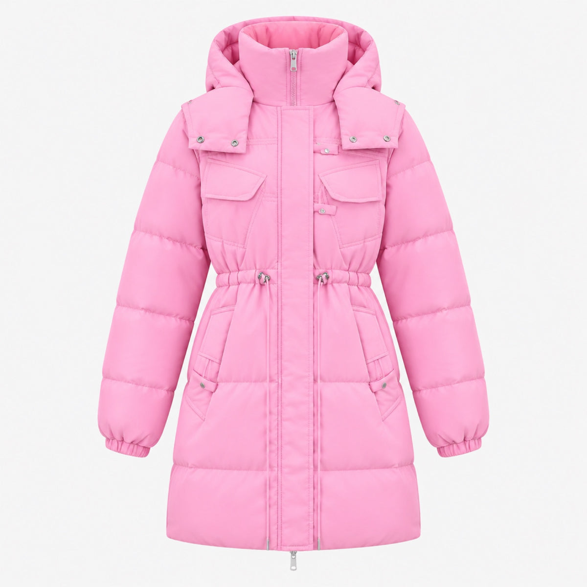 Doudoune longue femme rose à capuche, packshot sur fond blanc studio