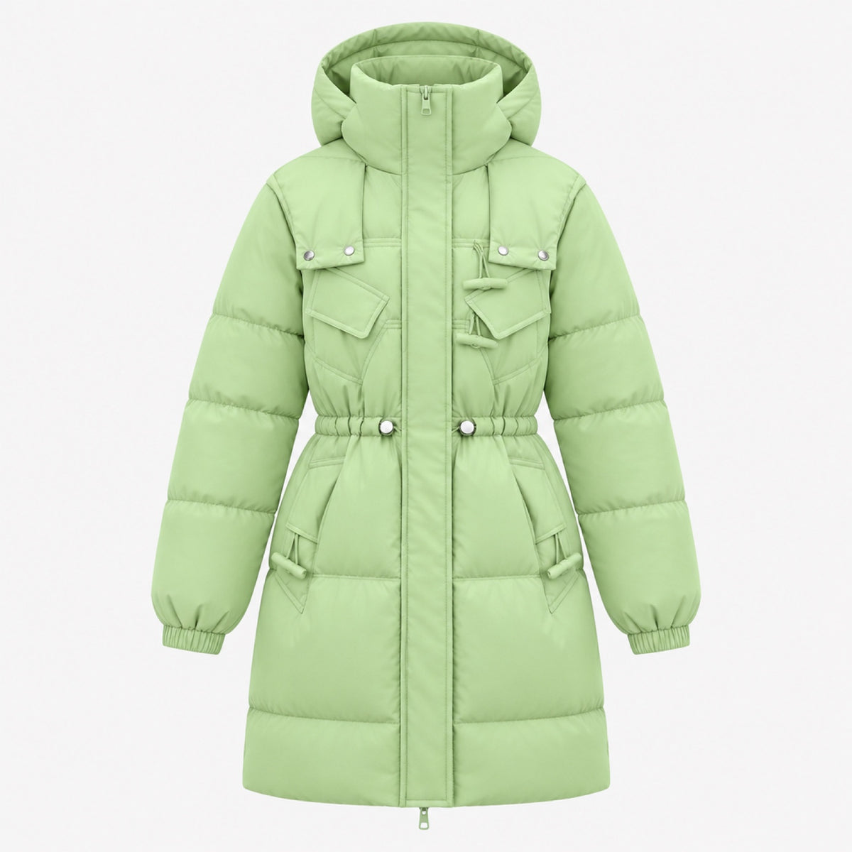 Doudoune longue femme vert pistache à capuche, packshot sur fond blanc studio